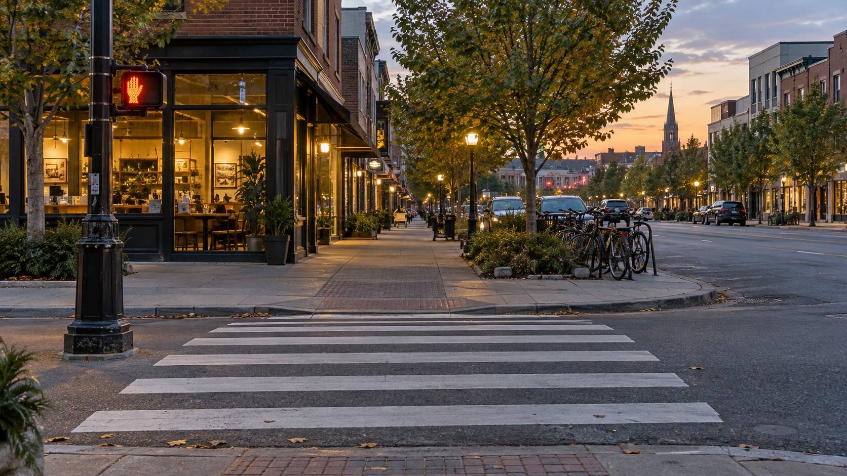 Unaltered view of a street crossing at dusk